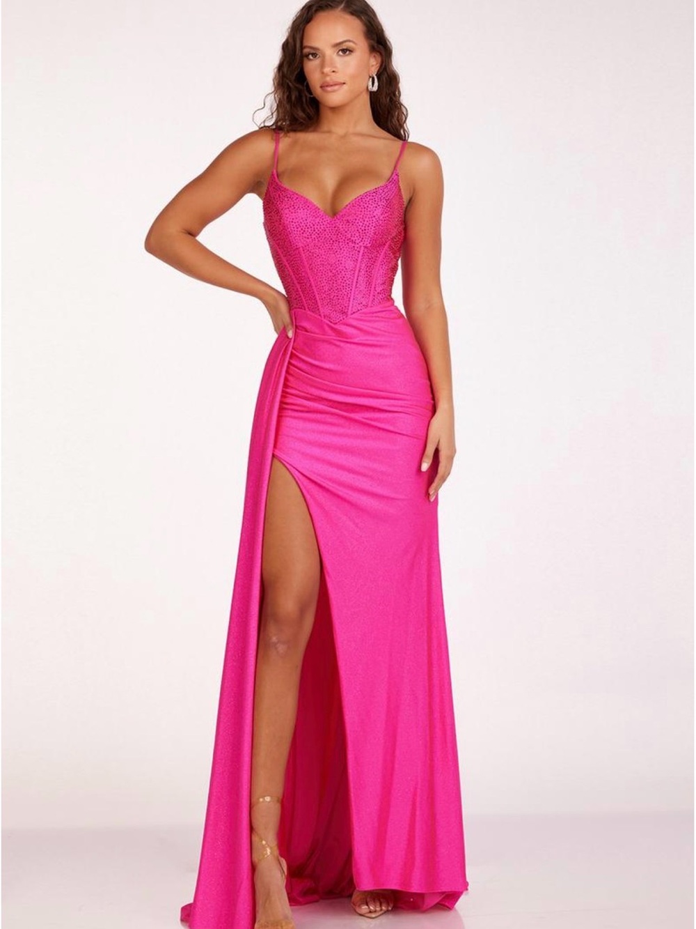 Fuchsia Spaghetti-Strap Prom Gown with High Slit